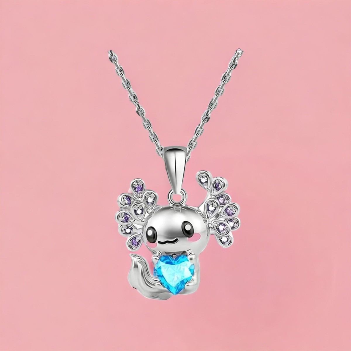 Axolotl Necklace Silver & Blue Crystal Pendant Salamander
