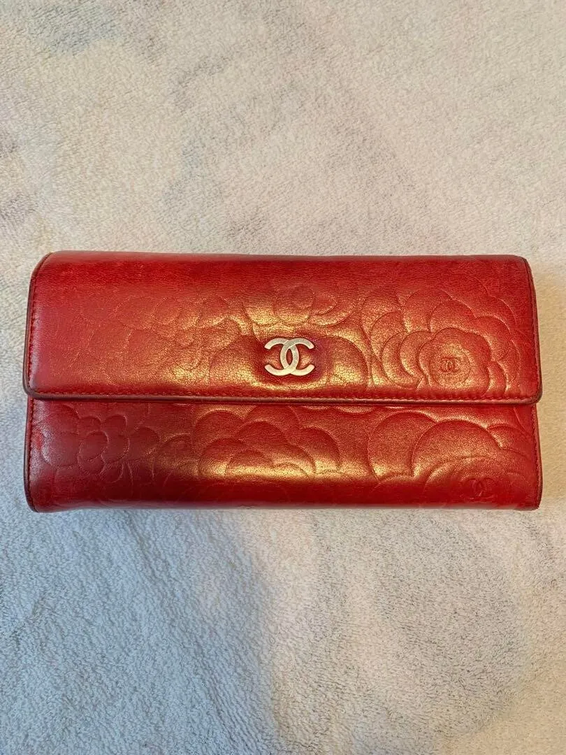 Authe CHANEL camellia coco mark long wallet Purse red leather Hardware  silver