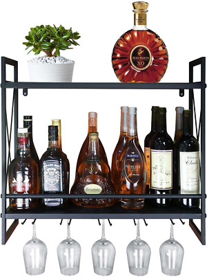 Stylish Wall-Mounted Wine Rack with Glass Holder - 2-Tier Metal Shelf