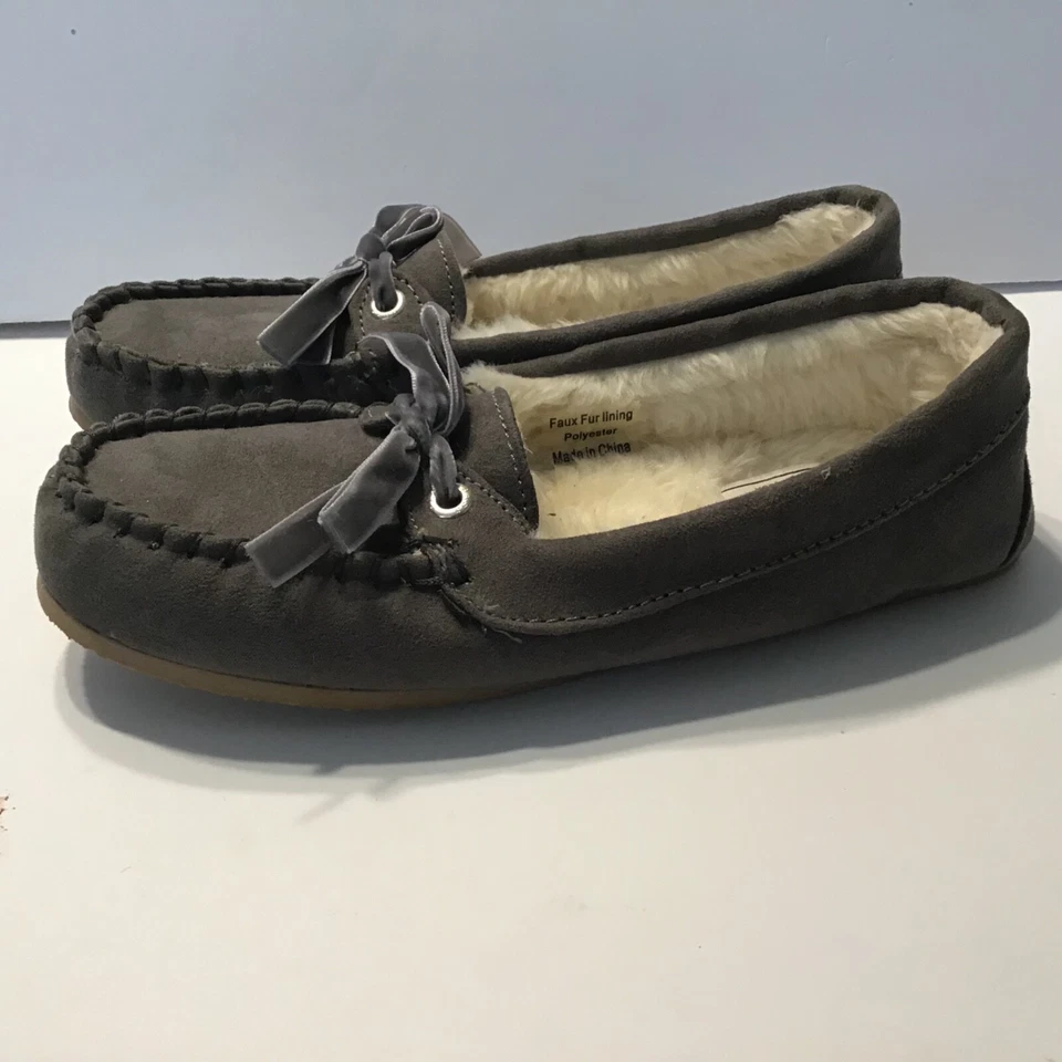 Mujer 6 Gris Casa Zapatos Mocasines Imitación Sherpa Zapatillas Punto Latido Abuela Foto 2 de 4