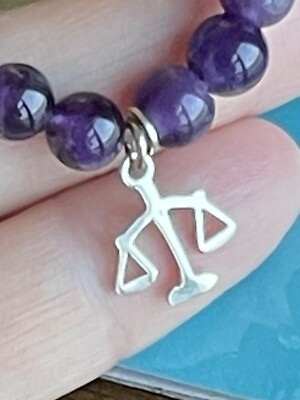 Jay King DTR Amethyst 925 Silver Libra  Charm Stretch Bracelet Medium