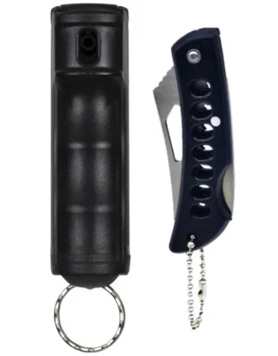 Police Magnum pepper spray 1/2oz Black Flip Top Keychain Pocket Knife Security