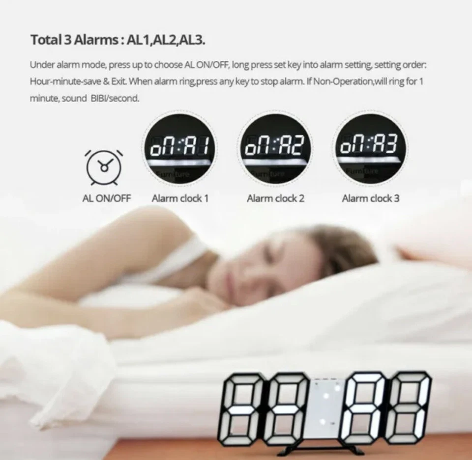 3D LED Night Wall Clock Digital Alarm Watch Display Temperature Modern Gift UK - Image 4 of 4