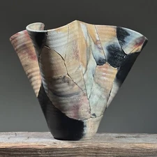 Vintage Postmodern Raku Fired Mosiac Handkerchief Ripple Ceramic Vessel, Signed