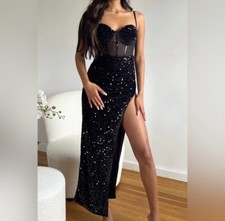Dress Size Medium Sequin Prom Shine Black Slide Slit Evening Glitter New