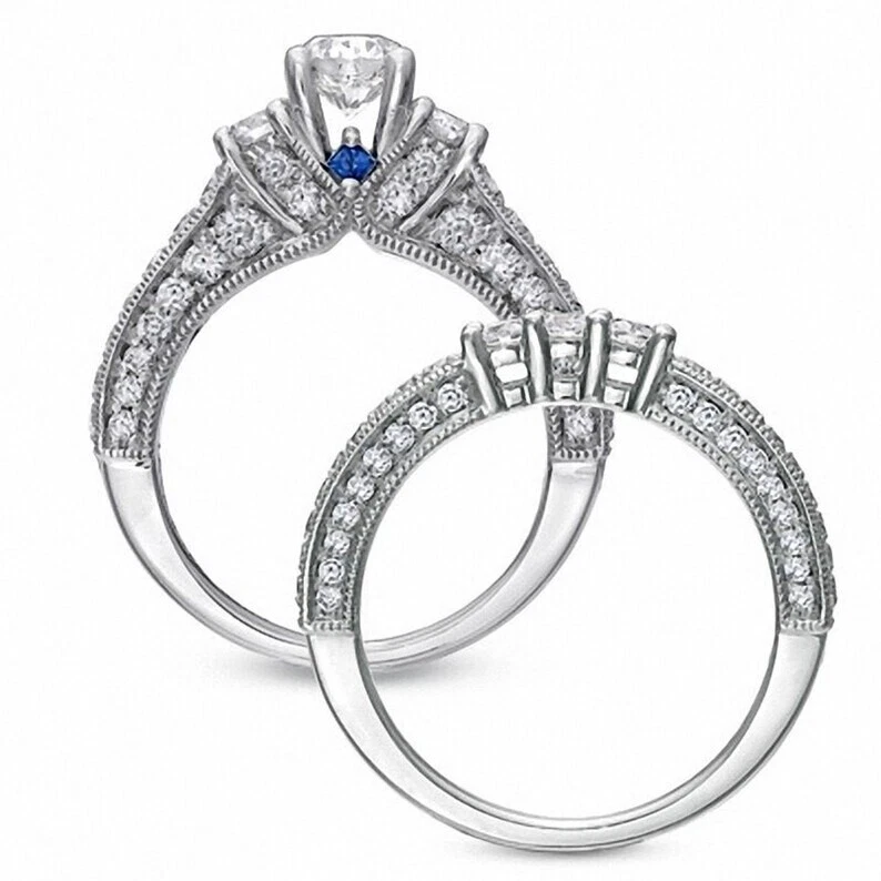 Vera Wang 1/4Ct White Round Cut CZ Halo Wedding Ring Matching 14K White Gold Set - Image 3 of 4