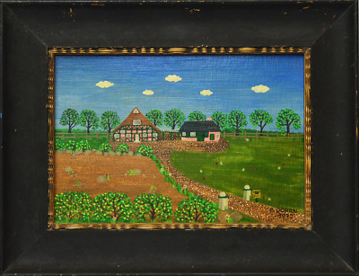 Barbara Dohrn 1977 Naive Kunst Acryl Tempera auf Holz Bauernhof Gehöft 33 x 25cm