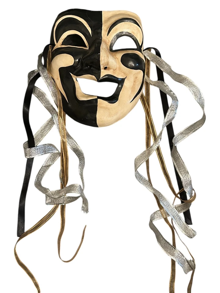 Classic Vtg Venetian Black and White Comedy Mask Hand Made Silver Gold Ribbons - Image 2 of 4