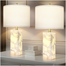 Natural Alabaster Table Lamp Set of 2 with Night Light for Bedroom Living Roo...