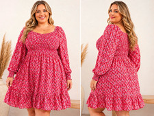 Plus Size Red Ditsy Floral Smocked Mini Dress Cottagecore Puff Sleeve