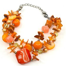 Vintage Boho Multi-Strand Orange Beaded Bracelet Shell & Acrylic Chunky Lobster