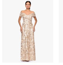 Betsy Adam Champagne Off Shoulder Sequin Gown SZ 4 Floral Formal NWT GALA MOB