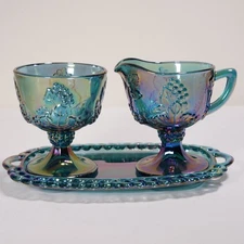 VTG Indiana Glass Blue Carnival Harvest Grape 3 Piece Cream Sugar Tray Set