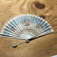 Vintage Wooden and Paper Hand Fan Fold Up 1920-1930s Japan Floral - Antique
