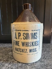 Antique Stoneware Whiskey Jug A. P. Simms; Natchez, Miss