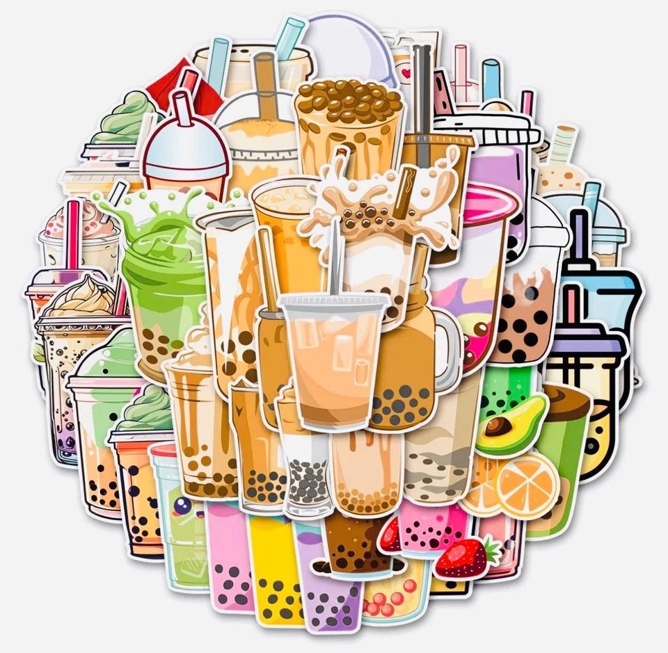 100 pegatinas Boba Bubble Tea impermeables de vinilo para computadora portátil monopatín teléfono decoración Foto 3 de 4