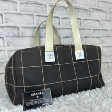 Vintage CHANEL Chocolate Bar Canvas Leather Shoulder Tote Boston Handbag Japan
