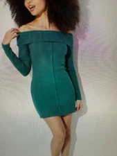NWT Wild Fable Green off the Shoulder Bodycon Dress MEDIUM Long Sleeve