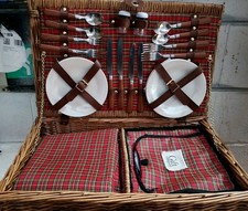 Wicker 4 Person Picnic Basket Gift Company  Plates Cutlery Cups Blanket - Unused