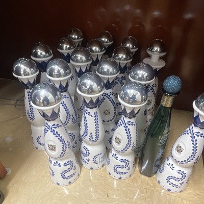 Clase Azul White/Blue Ceramic Liquor Bottle Decorative Display with Silver Cap