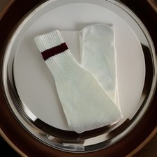 Mens VTG Socks Sport Tube Cotton Blend USA Made Burgundy White Stripe OSFA 21  