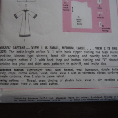 5315 Simplicity Caftan Sewing Pattern 1973 Uncut Ladies size Medium b34-36" New - Picture 4 of 5