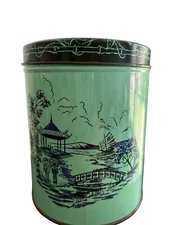 Vintage Cherrydale Farms 14oz Asian Themed Tin Canister Mint Green Black Storage
