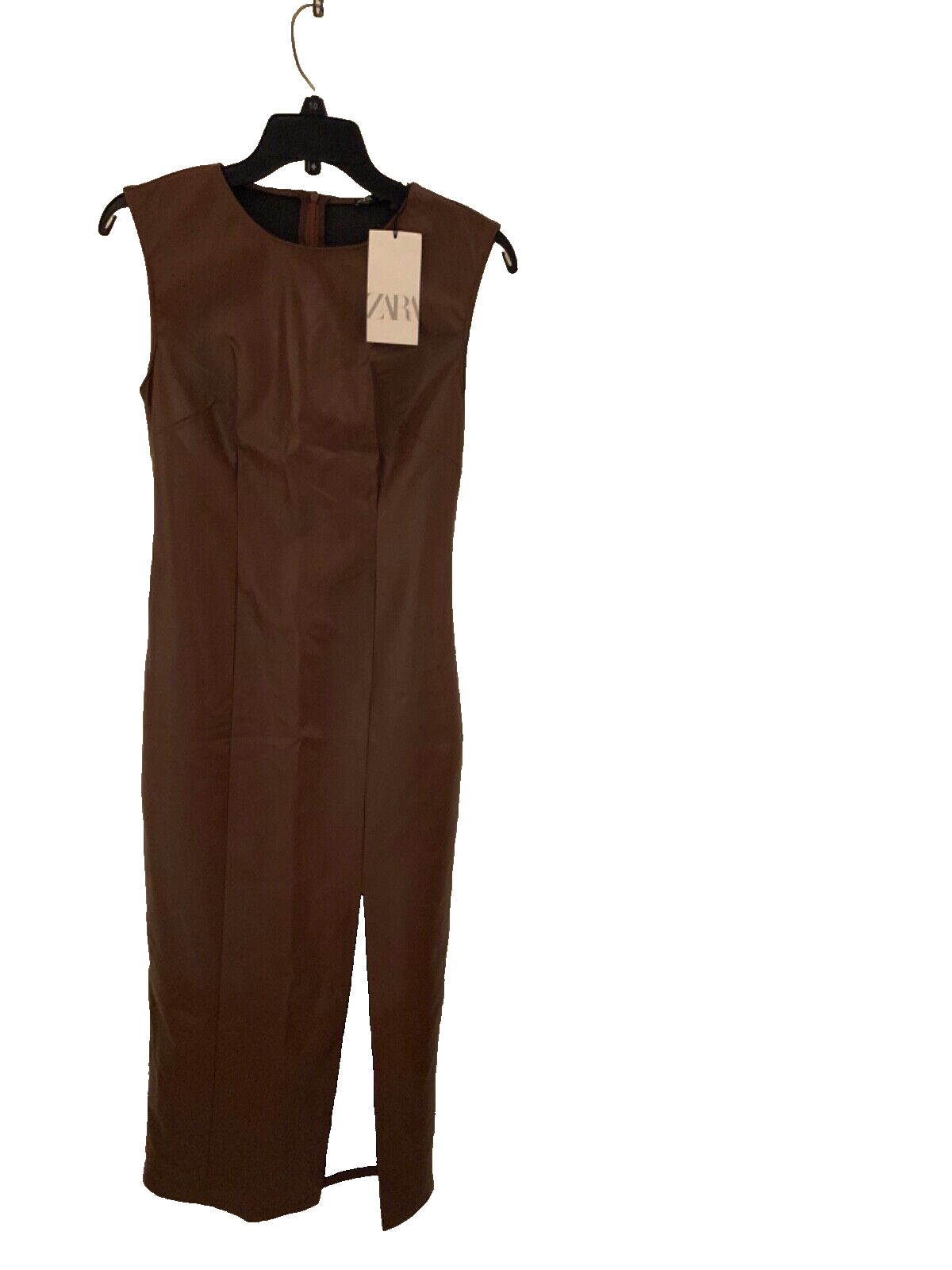 NEW Zara women's autumn winter midi dress faux leather chocolate split front S image 4