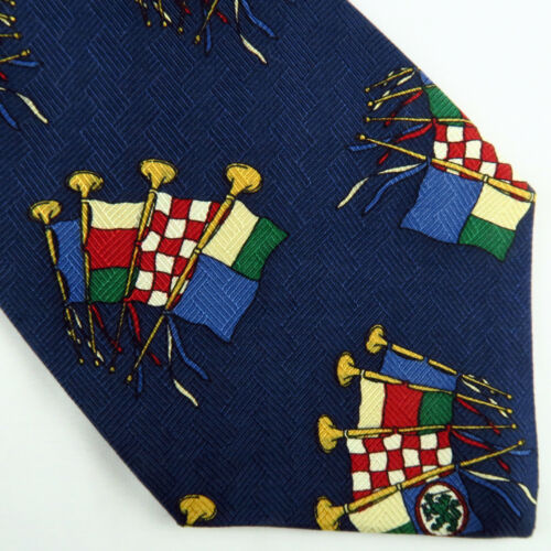 Vintage Tommy Hilfiger Heraldic Blue Flag Silk Tie Trumpets 55x4 Made in USA