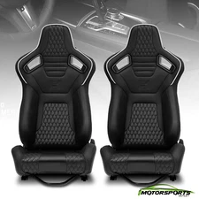 Pair of White+Black PVC Carbon Fiber Leather Reclinable Racing Seats W/Silders
