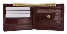 Mens Genuine Eel Skin Leather Bifold Credit Card Wallet with Coin Pouch Burgundy