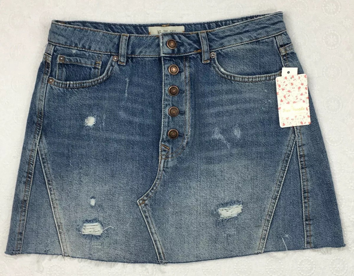 Free People Womens A Line Mini Skirt Size 30 Blue Denim Jean Distressed $60  New
