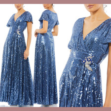 NWT $598 Mac Duggal [ 18 ] Sequined Butterfly Sleeve Wrap A-line Gown Blue G1498
