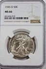 1945-D Walking Liberty Half Dollar : NGC MS66 Blazing White