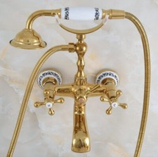 Gold Color Brass Wall Mount Clawfoot Bath Tub Faucet with Hand Shower Mixer Tap