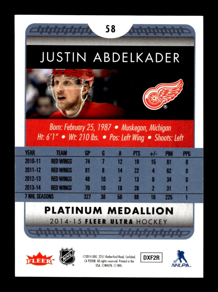 3-11-22 PWE READ 2014-15 fleer ultra platinum medallion /99 58 justin abdelkader - Image 2 of 2