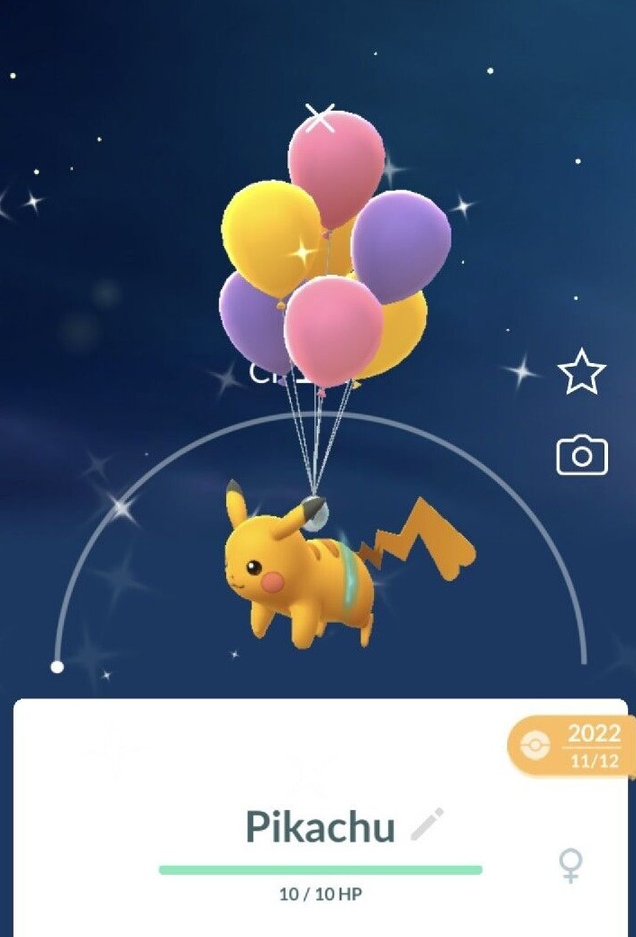 Shiny Pikachu (flying purple balloons) 