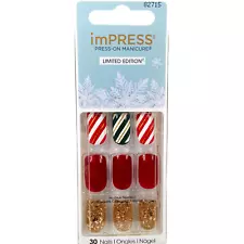NEW Kiss Nails Impress Press On Manicure Medium Gel Red Green Gold Christmas