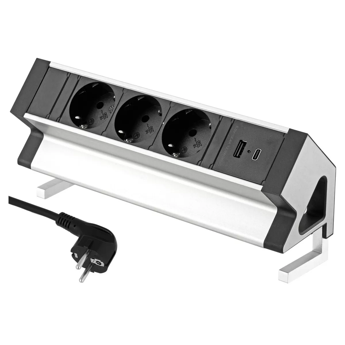Aluminium Klemm Tischsteckdose I Steckdosenleiste 3fach I USB-A USB-C