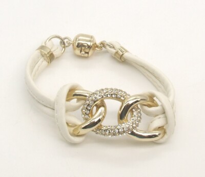 7.5'' Gold Tone Crystal Link Chain & Faux White Leather Magnetic Clasp Bracelet