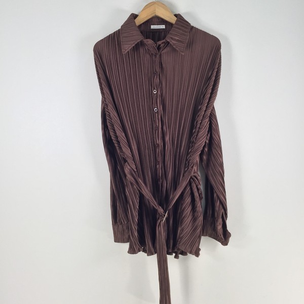 Charcoal womens mini shirt dress size 8 brown pleated long sleeve belt 099916