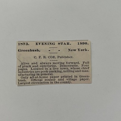 Evening Star CFR Coe Publisher Greenbush NY 1890 Newspaper Ad SAI9-S47