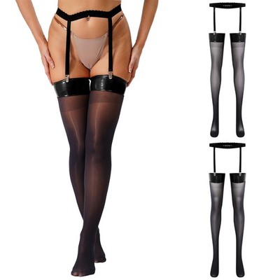 Women Sexy Patent Leather Patchwork Thigh High Stockings Suspender Garter  Belts | eBay
