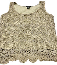 Vtg Crocheted Lace Tank Top Beige Tan Womens Size Large CAMI Victorian Y2K G26