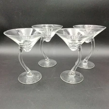 Set of 4 Clear Martini Glasses with Offset Curved Stem  6.5" Tall 4 oz Unmarked
