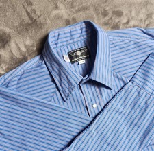 Flying R Ranchwear Western Shirt Men 17 Blue Striped Pearl Snap Cowboy USA EUC