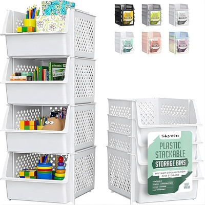 Tidyfriend Stackable Storage Bins for Pantry, 4 Pack Stackable Bins for Organizi