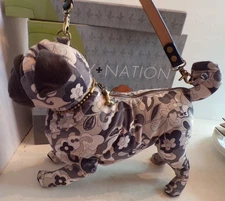 Fuzzy Nation Plush Pug Dog Purse Shoulder Bag Brown Grey Floral Corduroy   NIB