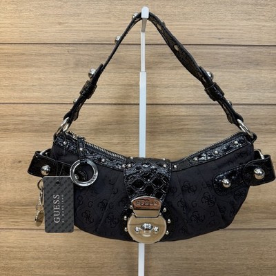 Vtg GUESS Black Monogram Studded Hobo Shoulder Bag Purse Y2K McBling Rare Grunge