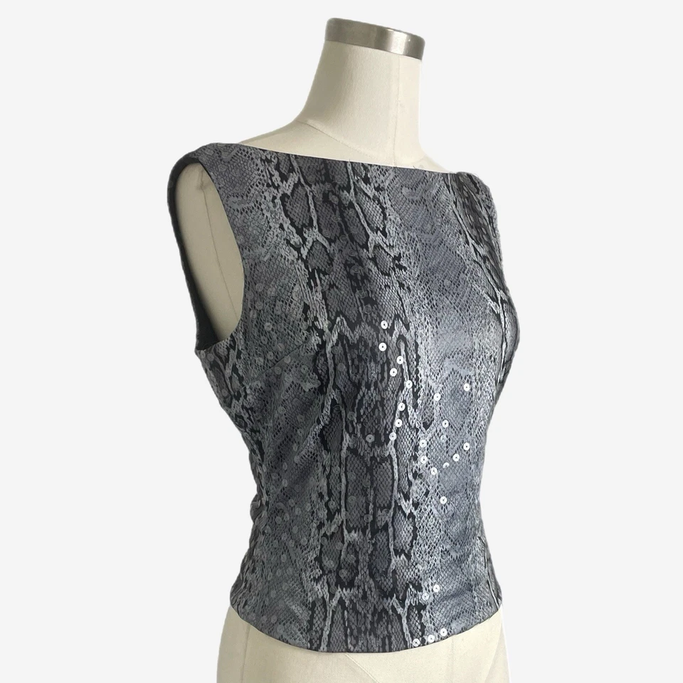 De colección Y2K Jessica McClintock Piel de Serpiente Cuello Alto Lentejuelas Tanque Espalda Baja S/M Foto 2 de 4